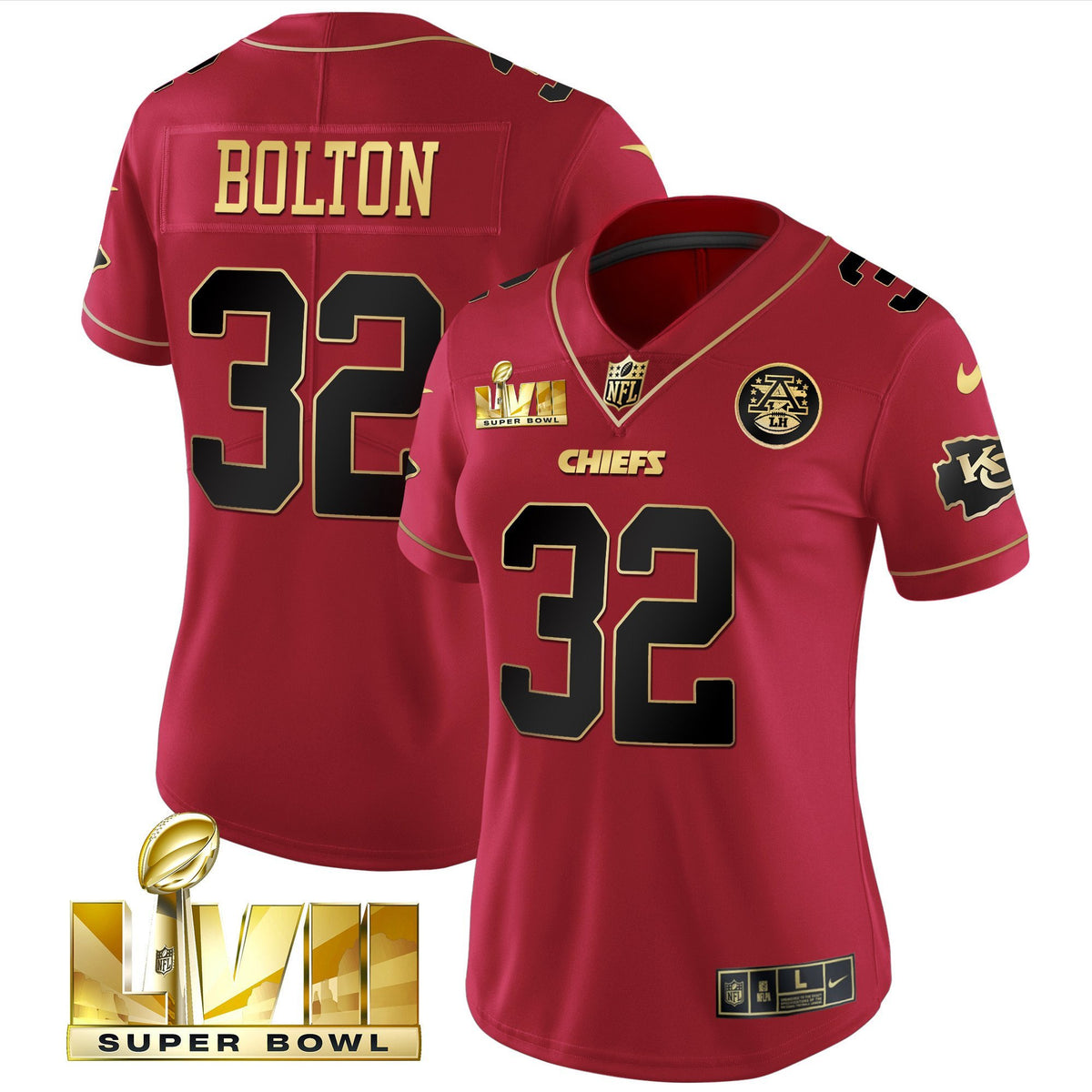Women's Chiefs Super Bowl LVII Red Gold Vapor Jersey - All Stitched - Red Special - Nick Bolton — view 1