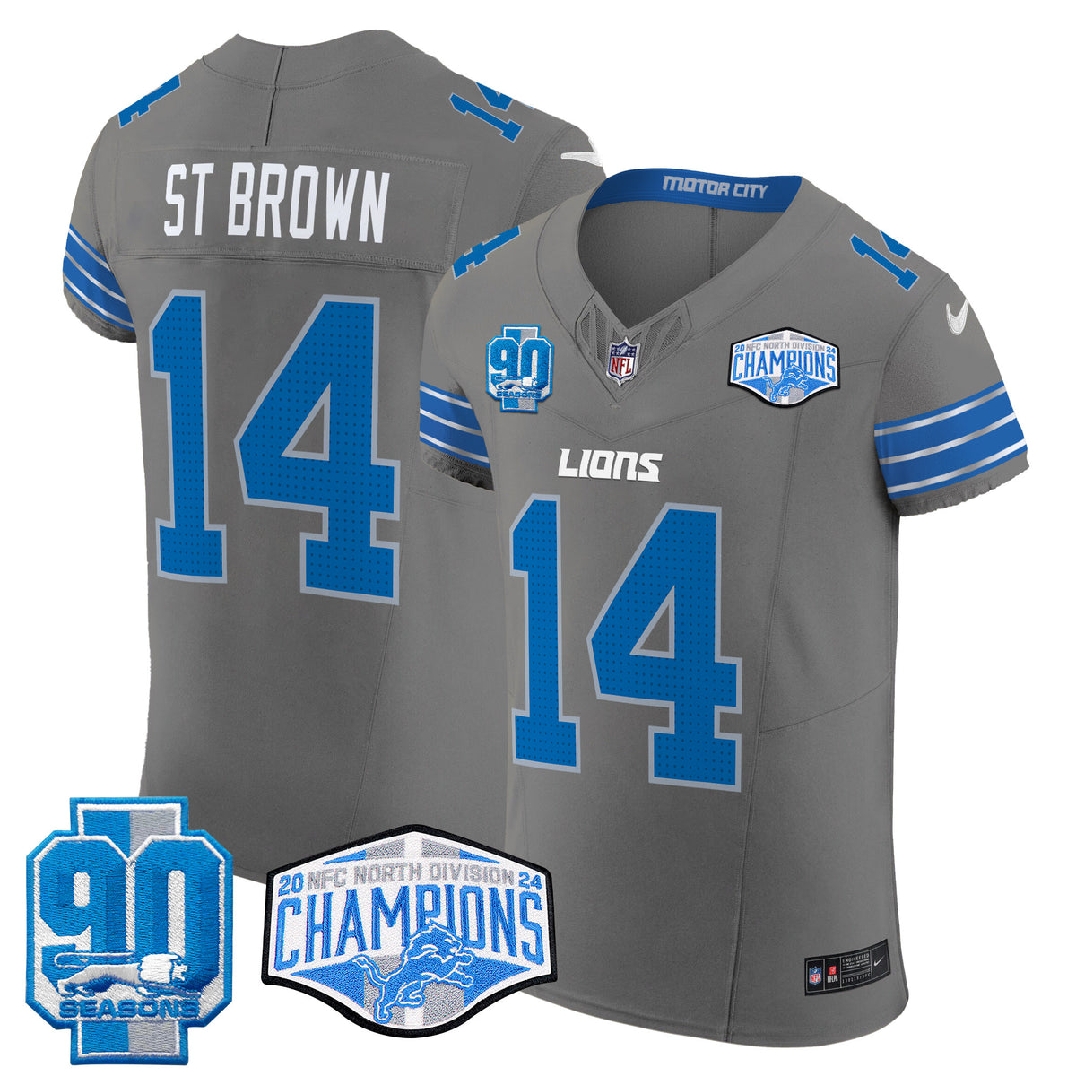 Men's Detroit Lions 2024 NFC North Division Champions Patch Vapor Elite Jersey - All Stitched - Gray - St. Brown — view 1