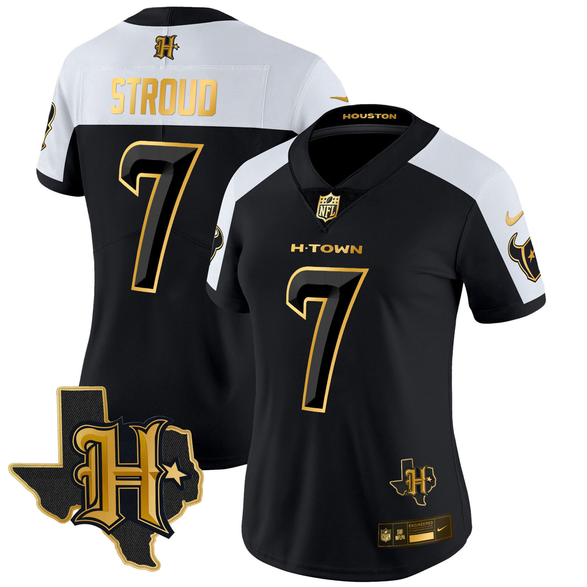 Women's Houston Texans 2024 Texas Patch Gold Vapor Limited Jersey - All Stitched - Alternate - C.J. Stroud — view 1
