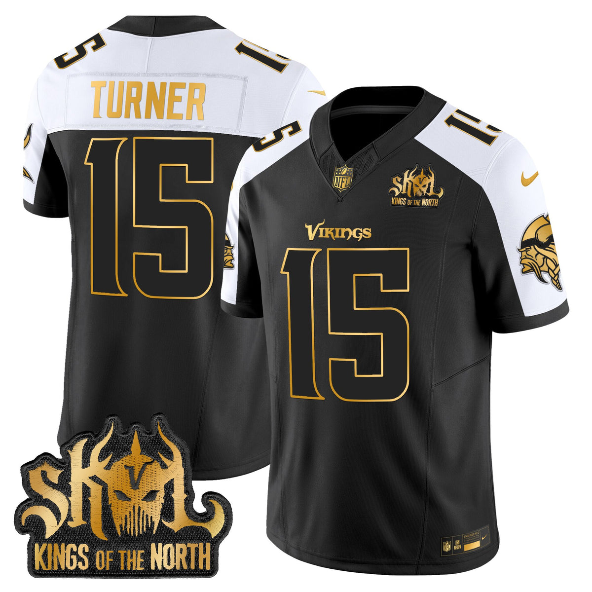 Men's Minnesota Vikings 2025 Gold Vapor Limited Jersey - Kings Of The North Patch - All Stitched - Alternate - Dallas Turner — view 1