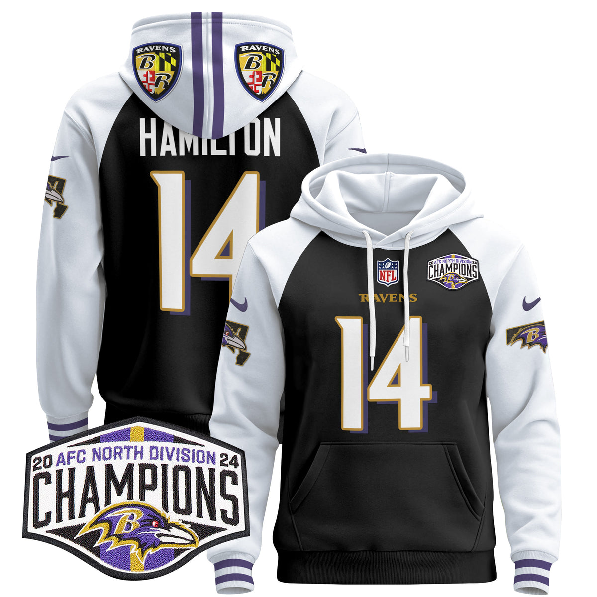 Men's Baltimore Ravens 2024 AFC North Division Champions Patch Pullover Hoodie V2 - All Stitched - Black Alternate - Kyle Hamilton — view 1