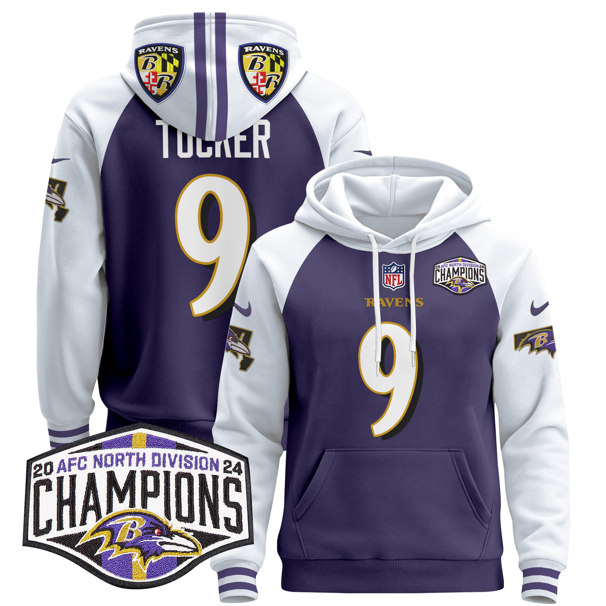 Men's Baltimore Ravens 2024 AFC North Division Champions Patch Pullover Hoodie V2 - All Stitched - Purple Alternate - Justin Tucker — view 1