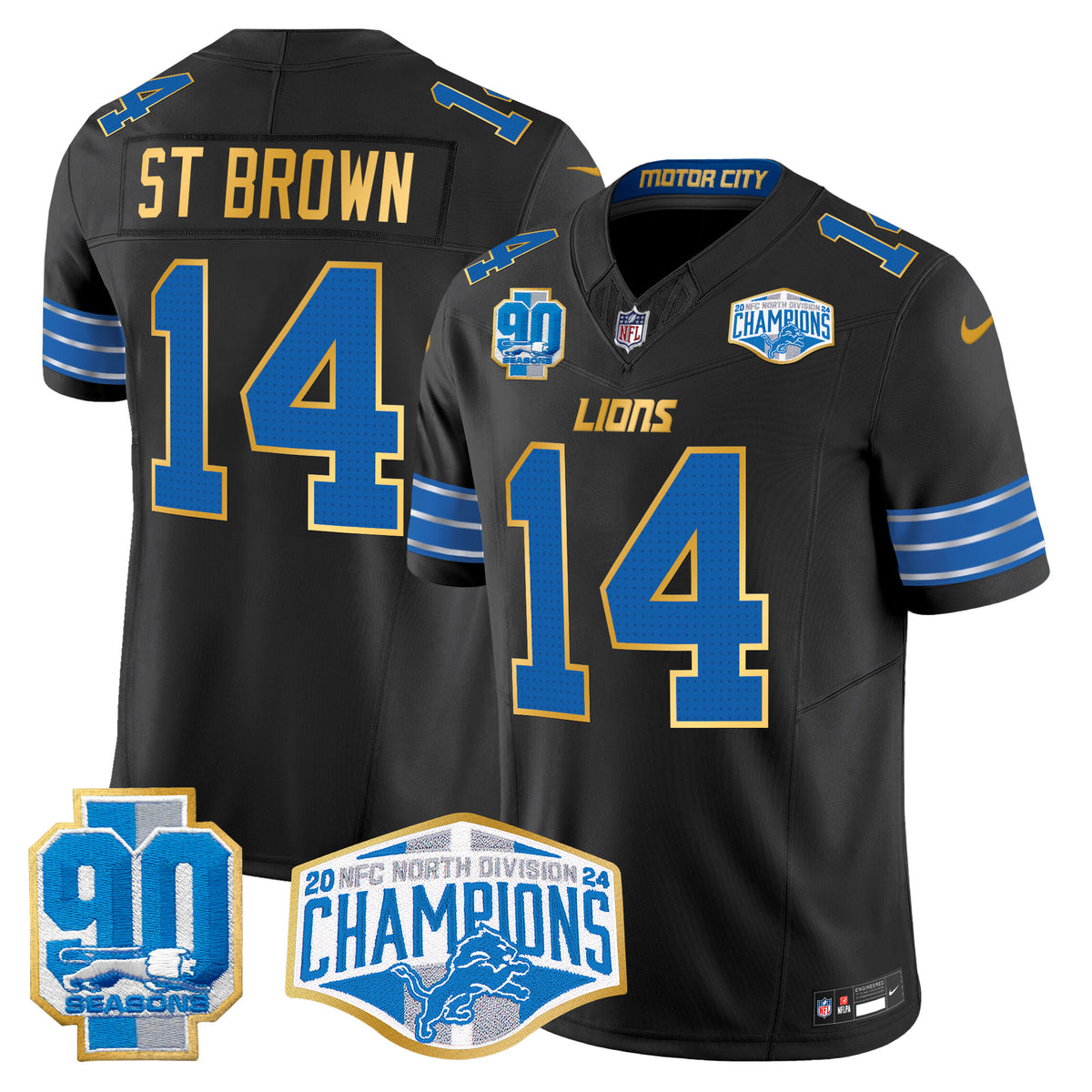 Men's Detroit Lions 2024 NFC North Division Champions Patch Gold Trim Vapor Limited Jersey - All Stitched - Black - St. Brown — view 1