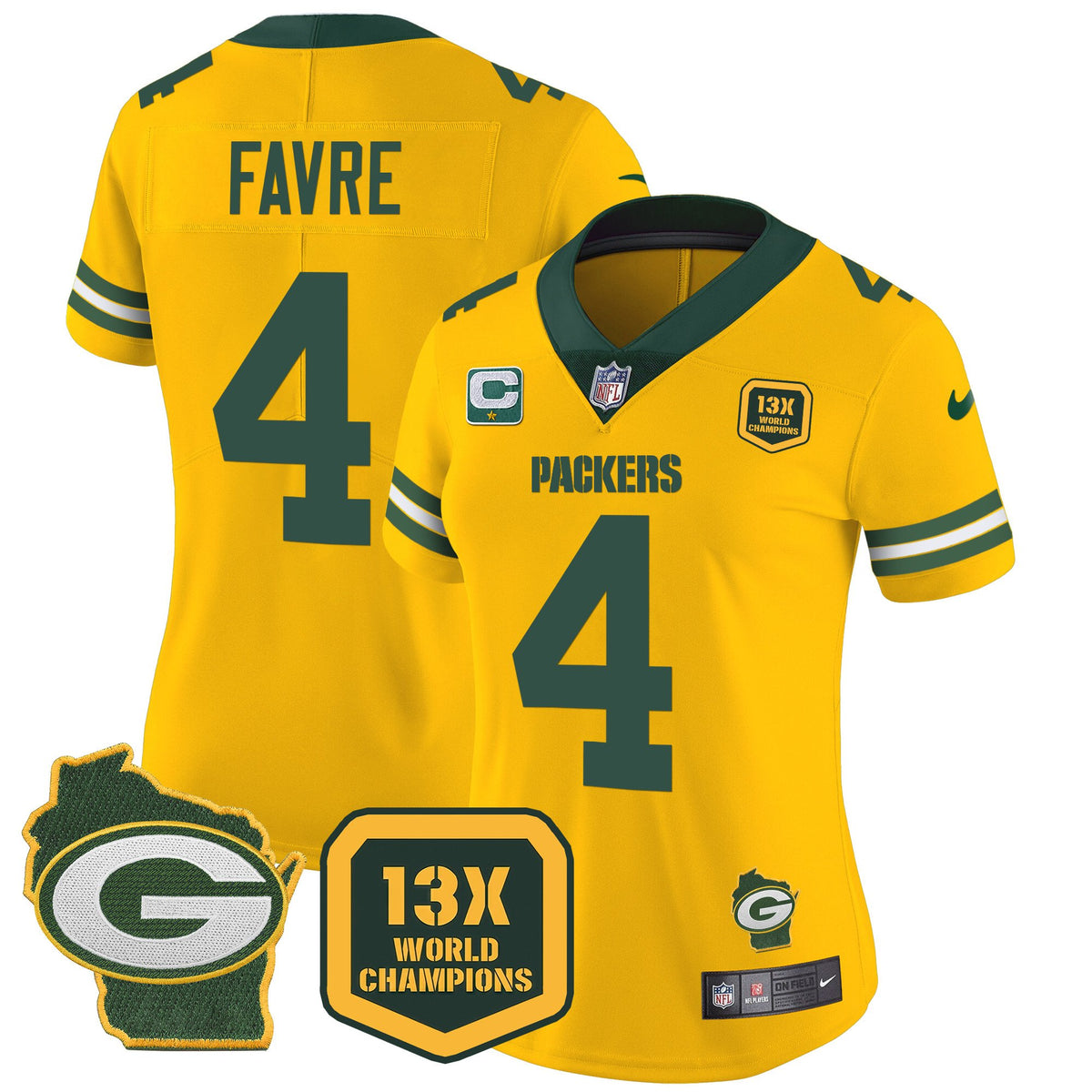 Women's Packers 13 Time World Champions & Home Patch Vapor Jersey – All Stitched - Gold - Brett Favre — view 1