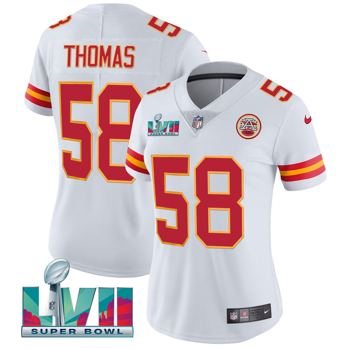 Women's Chiefs Super Bowl LVII Red Gold Vapor Jersey - All Stitched - White - Derrick Thomas — view 1