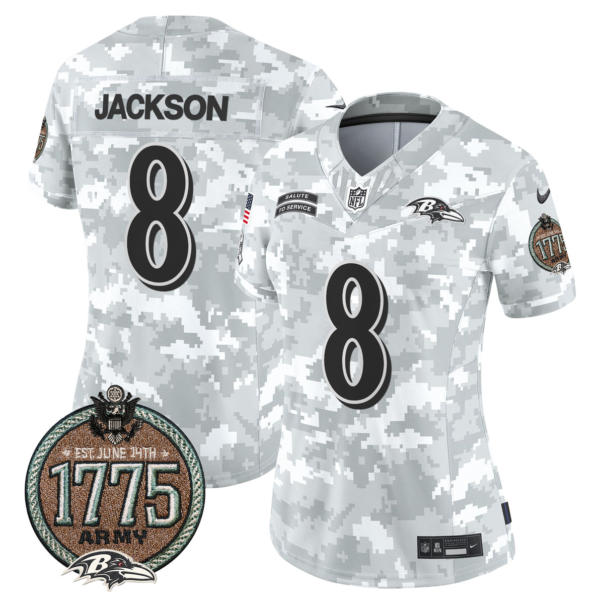 Women's Ravens 2024 Salute to Service Establishment Year Patch Vapor Limited Jersey - All Stitched - Army - Lamar Jackson — view 1