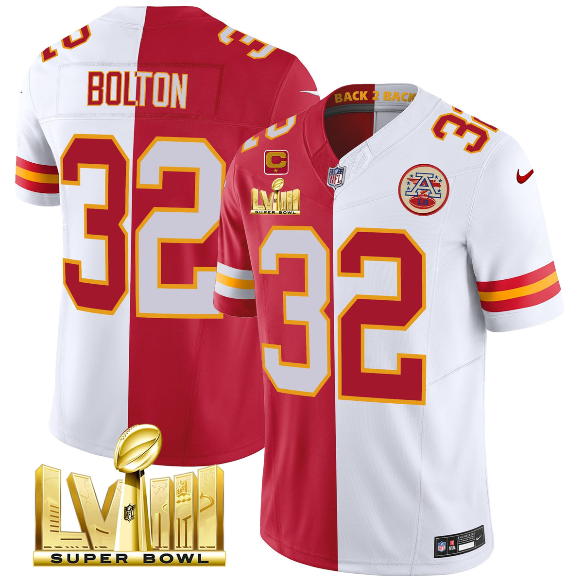 Men's Chiefs Super Bowl LVIII & Back 2 Back Gold Patch Vapor Jersey V5 - All Stitched - Split - Nick Bolton — view 1