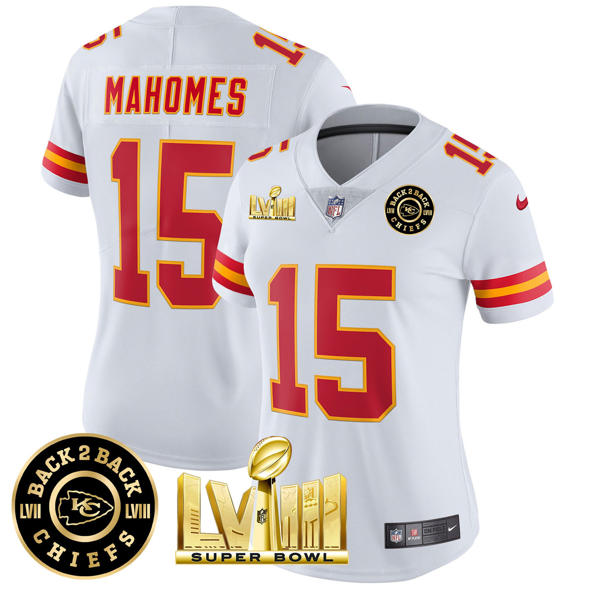 Women's Chiefs Super Bowl LVIII & Back 2 Back Patch Vapor Jersey V3 - All Stitched - White - Patrick Mahomes — view 1