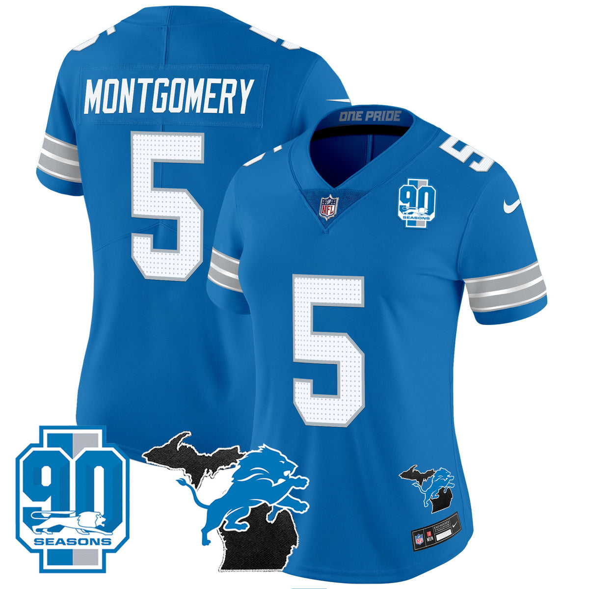 Women's Detroit Lions 2024 Michigan & 90th Year Patch Vapor Jersey - All Stitched - Blue - David Montgomery — view 1