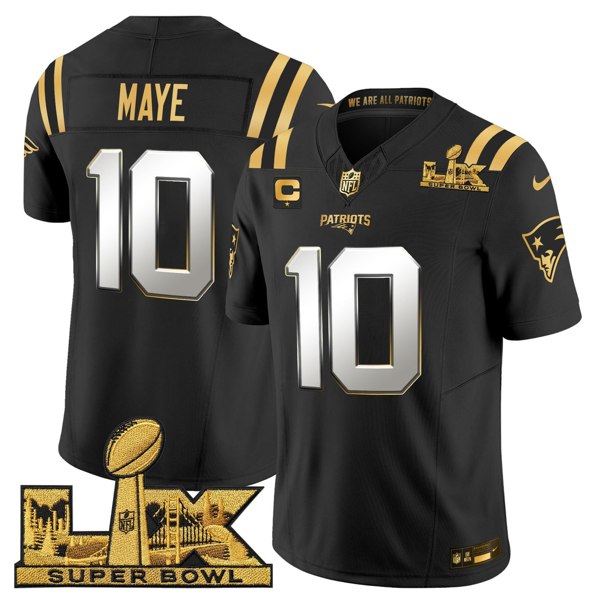 Men's New England Patriots Super Bowl LX Gold Vapor Limited Jersey - All Stitched - Black Limited - Drake Maye — view 1