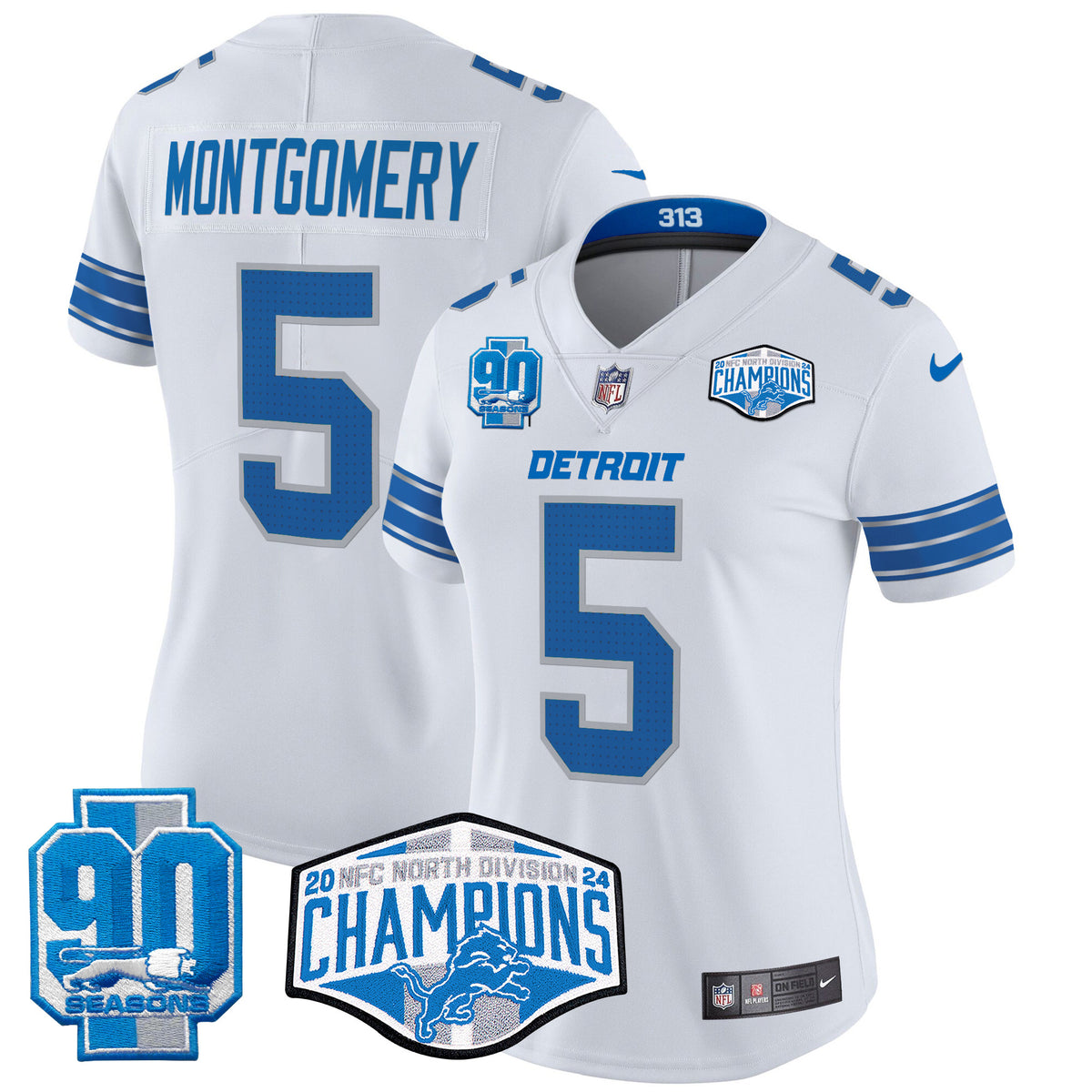 Women's Detroit Lions 2024 NFC North Division Champions Patch Vapor Limited Jersey - All Stitched - White - David Montgomery — view 1
