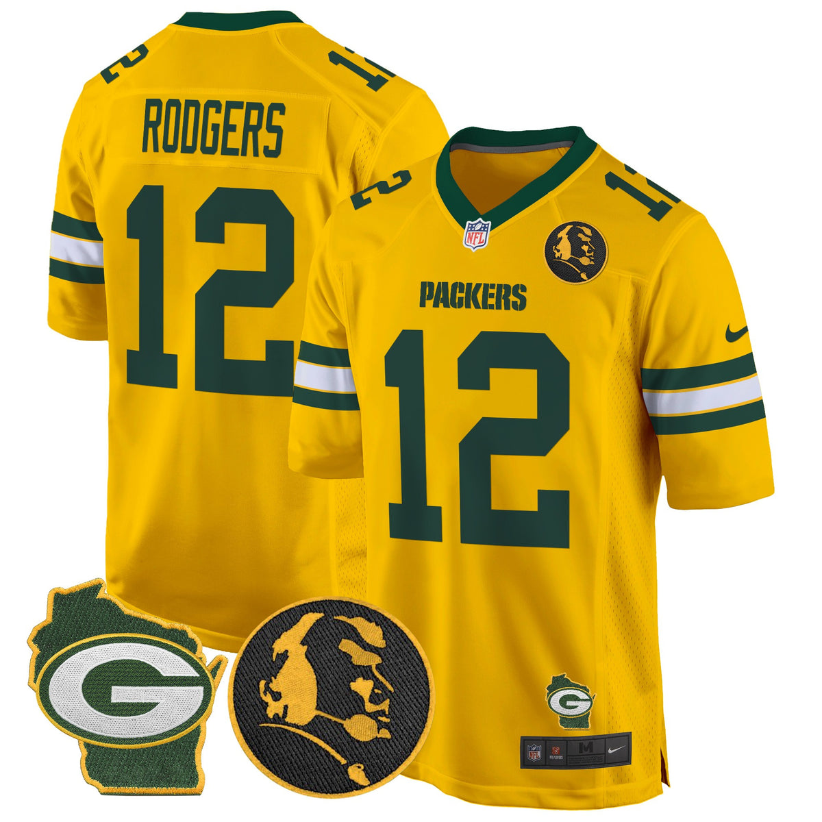 Men's Packers John Madden & Home Patch Game Jersey - All Stitched - Gold - Aaron Rodgers — view 1