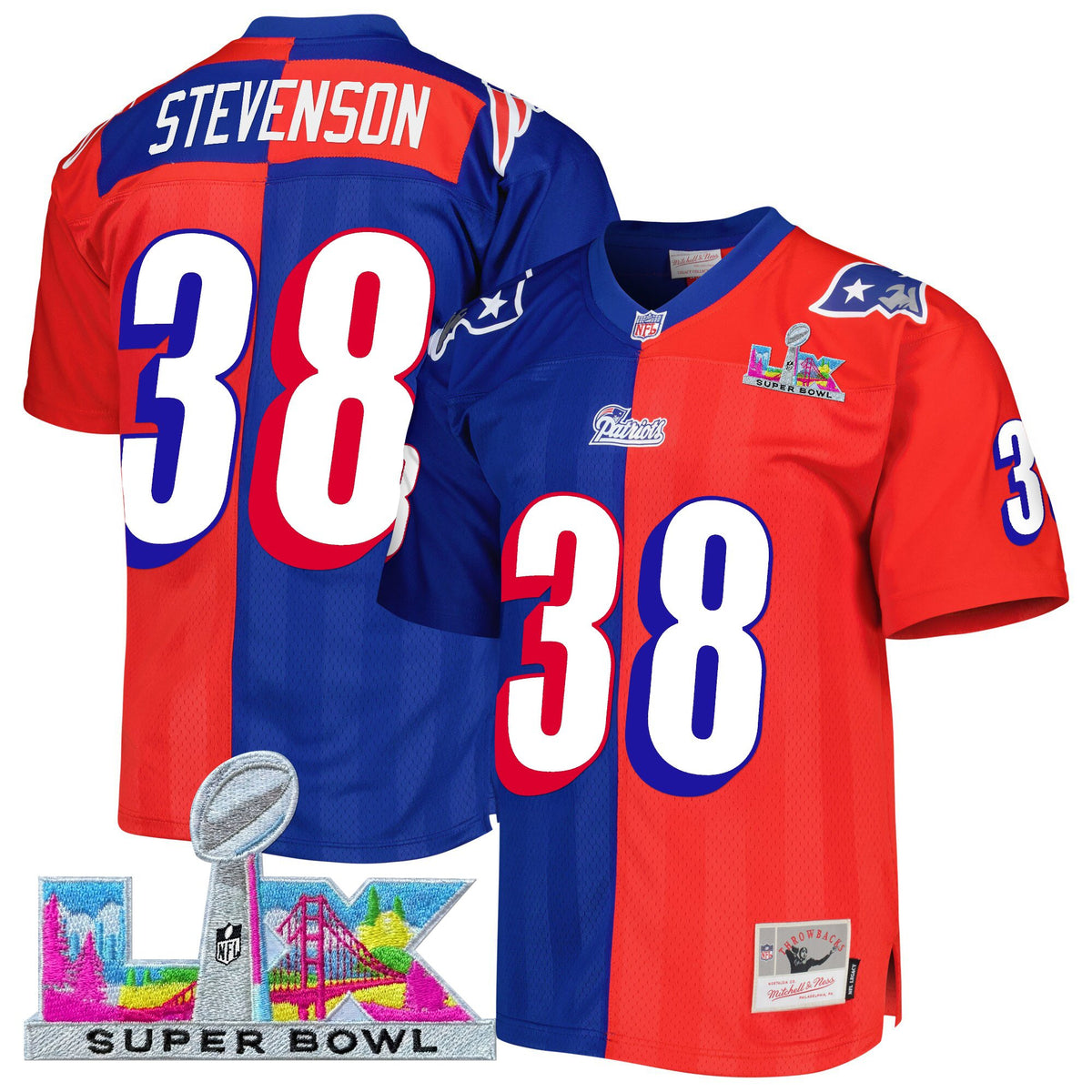 Men's New England Patriots Super Bowl LX Throwback Jersey - All Stitched - Split - Rhamondre Stevenson — view 1