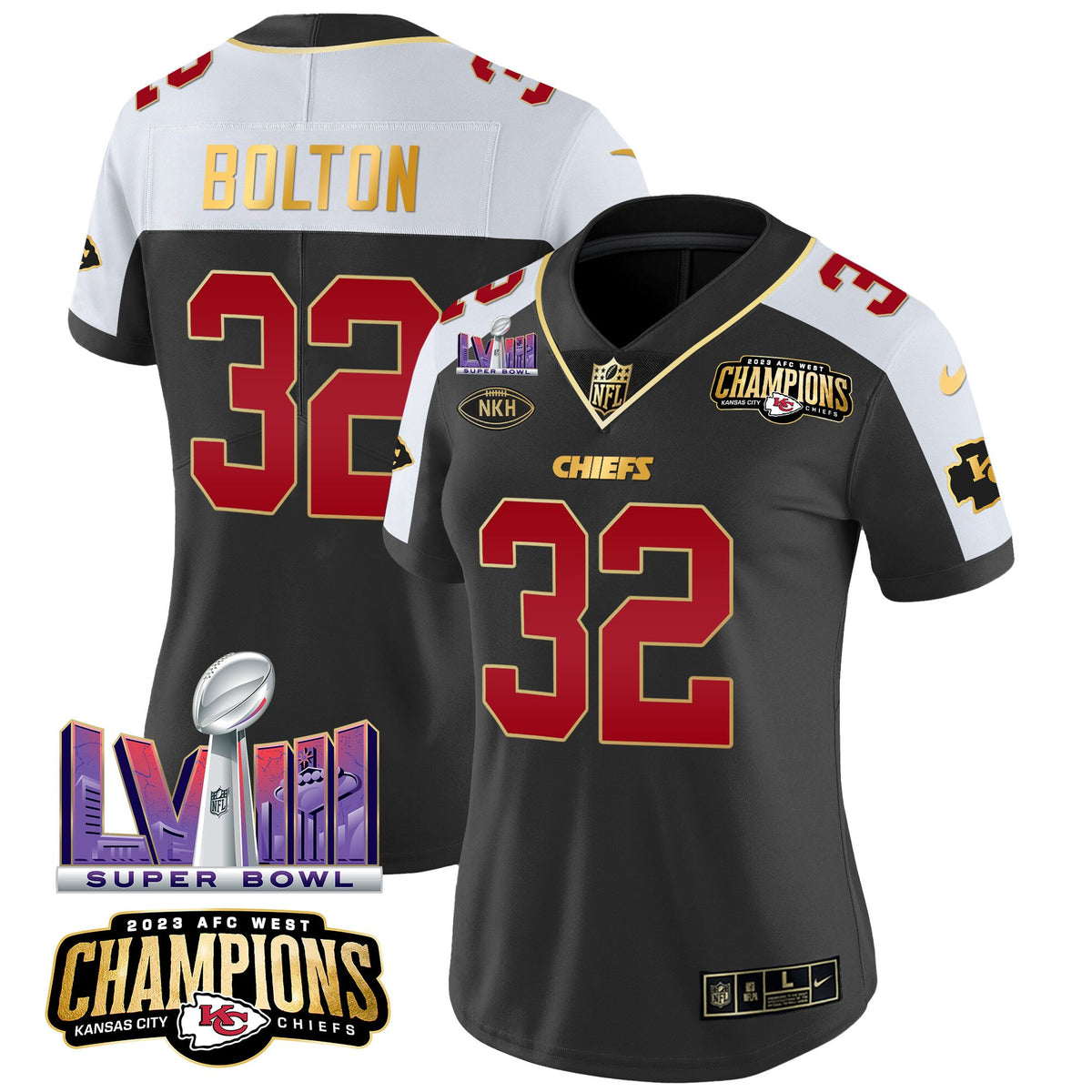 Women's Chiefs AFC West Champions & Super Bowl LVIII Patch Vapor Jersey - All Stitched - Black Alternate - Nick Bolton — view 1