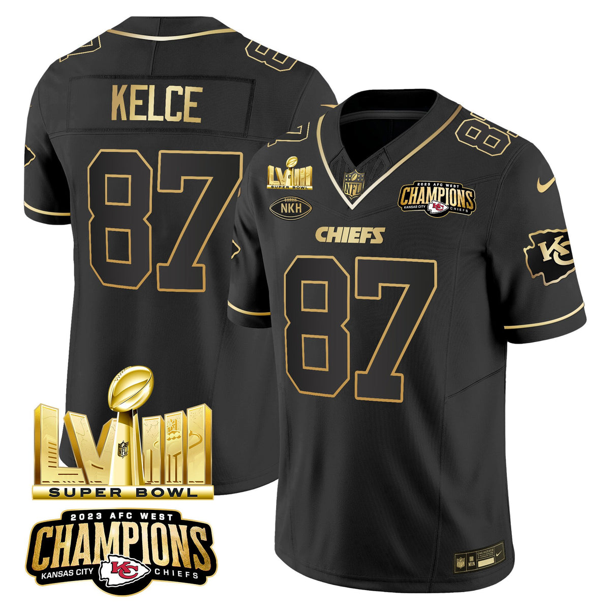 Men's Chiefs AFC West Champions & Super Bowl LVIII Gold Patch Vapor Jersey V2 - All Stitched - Black Gold - Travis Kelce — view 1