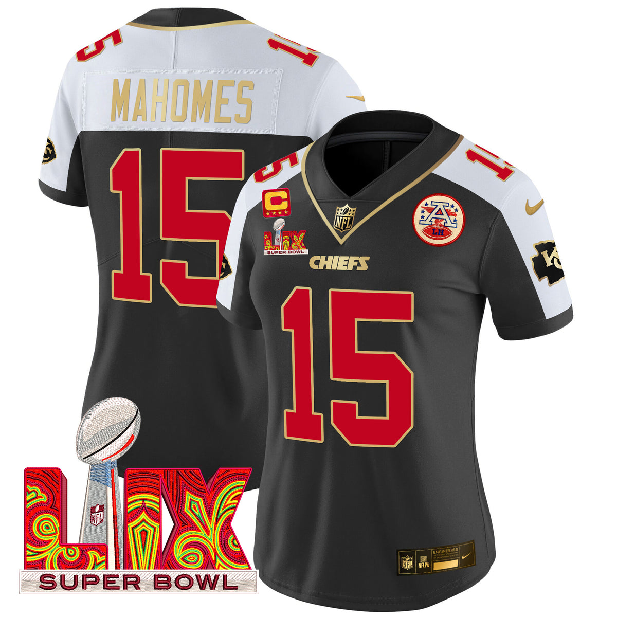 Women's Chiefs Super Bowl LIX Patch Gold Trim Vapor Limited Jersey - All Stitched - Black Alternate - Patrick Mahomes — view 1