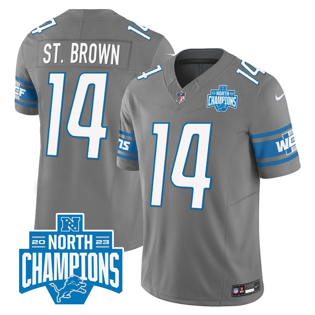 Men's Detroit Lions 2023 NFC North Division Champions Patch Vapor Jersey - All Stitched - Gray - St. Brown — view 1
