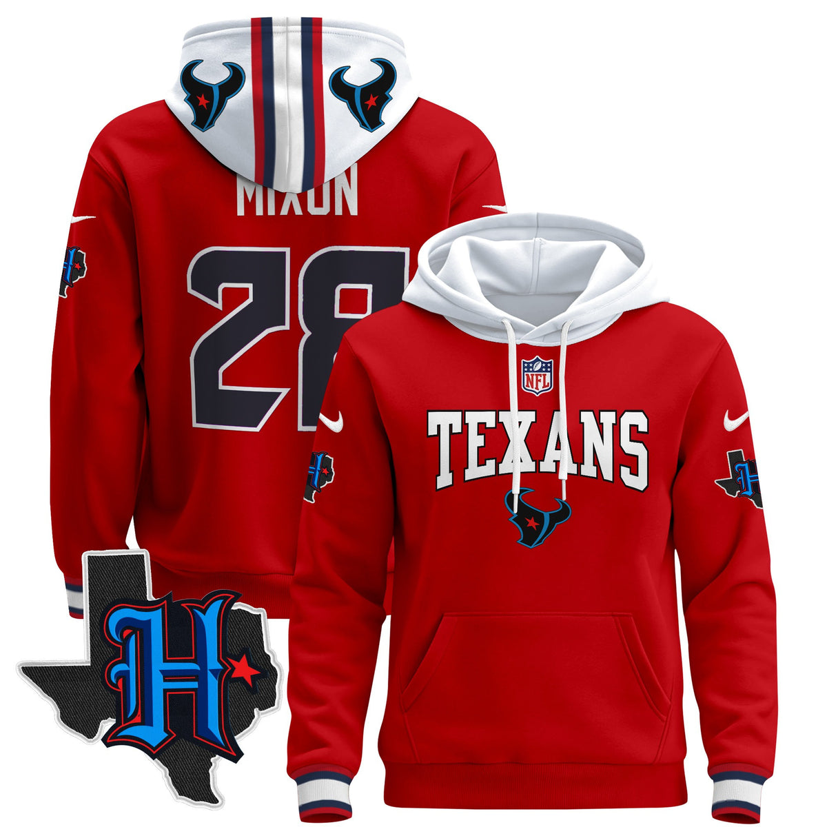 Men's Houston Texans 2024 Pullover Hoodie V3 - All Stitched - Red - Joe Mixon — view 1