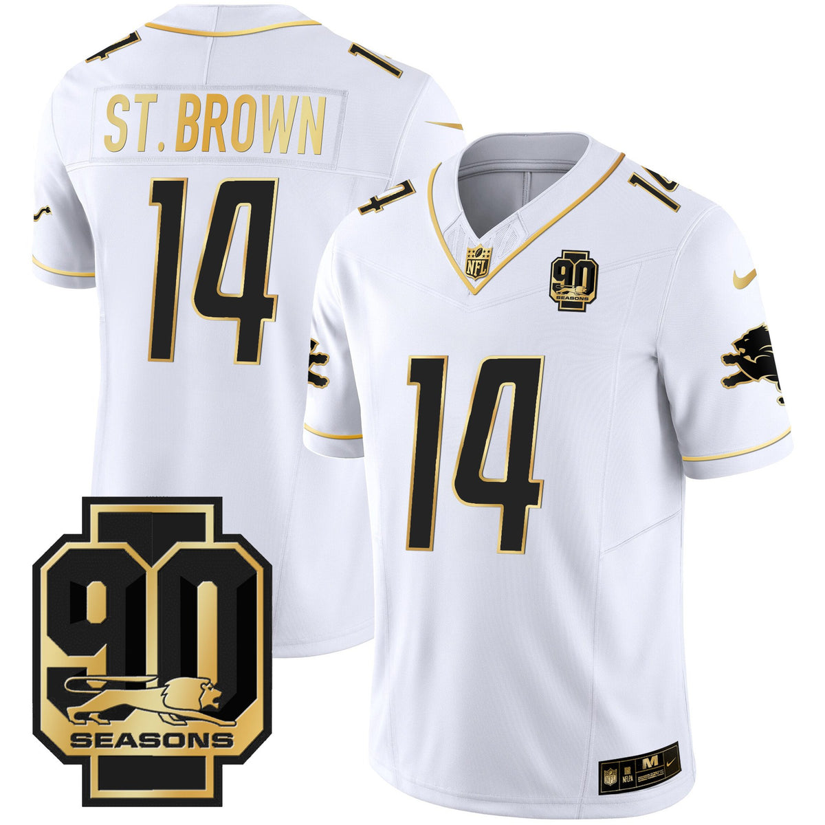 Men's Detroit Lions 90th Year Patch Gold Jersey - All Stitched - White Gold - St. Brown — view 1