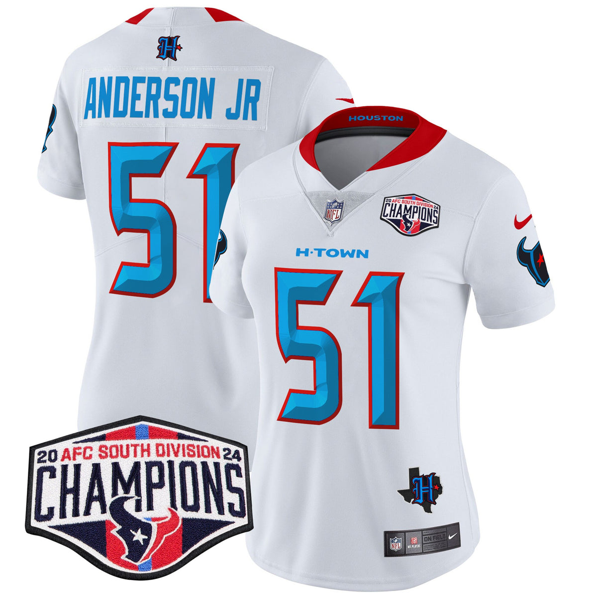 Women's Houston Texans 2024 AFC South Division Champions Patch Vapor Limited Jersey - All Stitched - White - Will Anderson Jr — view 1