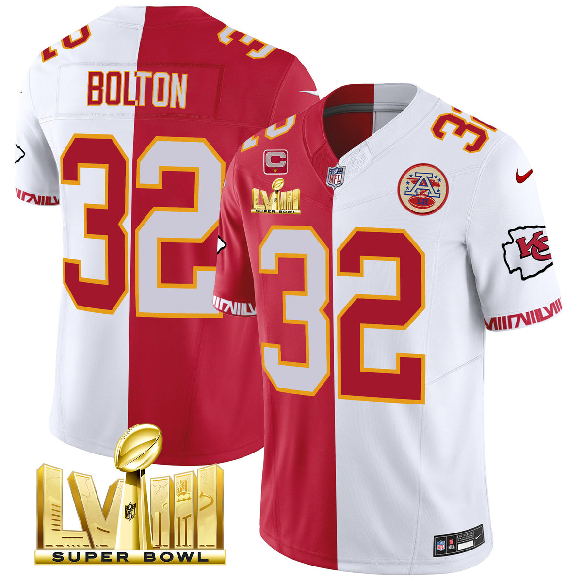 Men's Chiefs Super Bowl LVIII Pattern Gold Vapor Jersey - All Stitched - Split - Nick Bolton — view 1