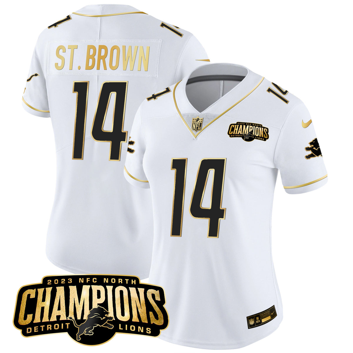Women's Detroit Lions 2023 NFC North Champions Patch Gold Vapor Jersey - All Stitched - White Gold - St. Brown — view 1
