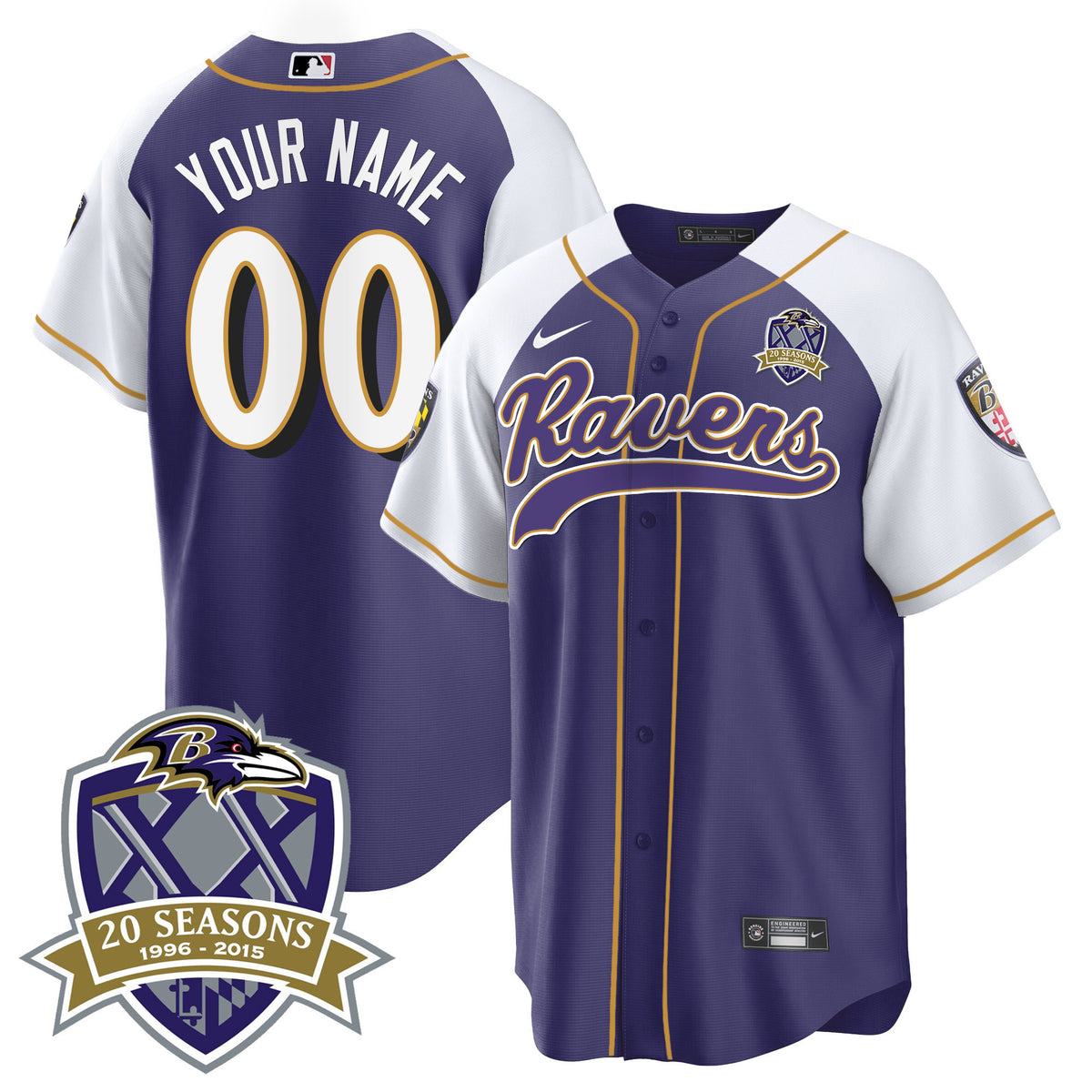 Ravens 20th Season Patch Baseball Custom Jersey - All Stitched - Purple Alternate — view 1