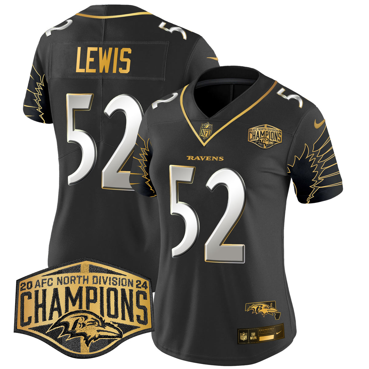 Women's Ravens Maryland 2024 AFC North Division Champions Patch Gold Vapor Limited Jersey - All Stitched - Black Limited - Ray Lewis — view 1