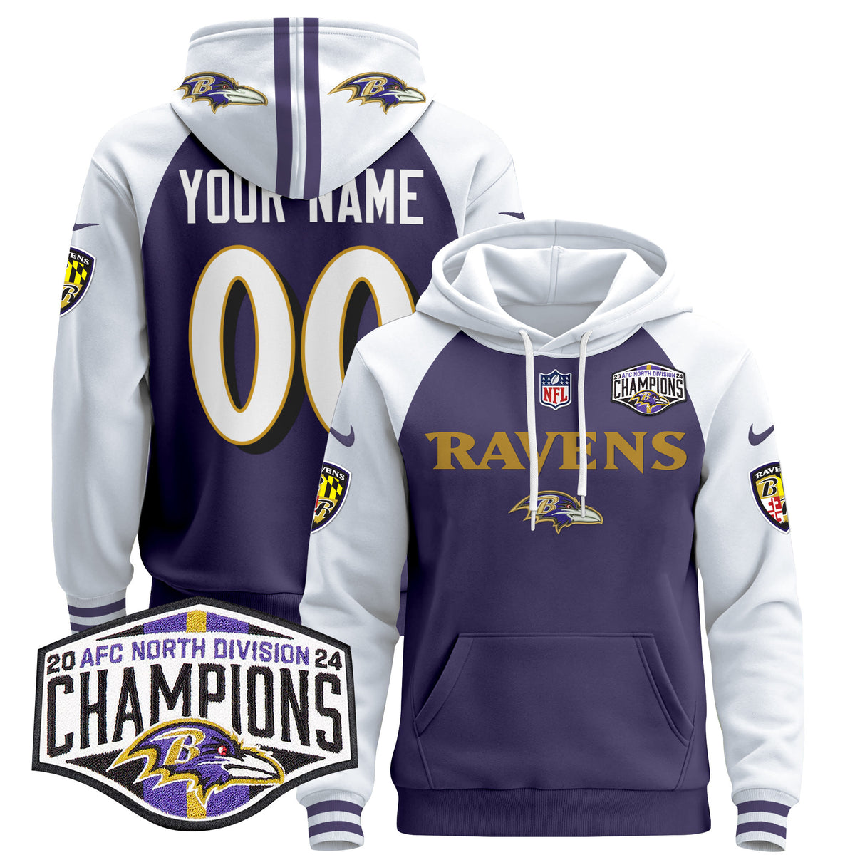 Baltimore Ravens 2024 AFC North Division Champions Patch Custom Pullover Hoodie - All Stitched - Purple Alternate — view 1