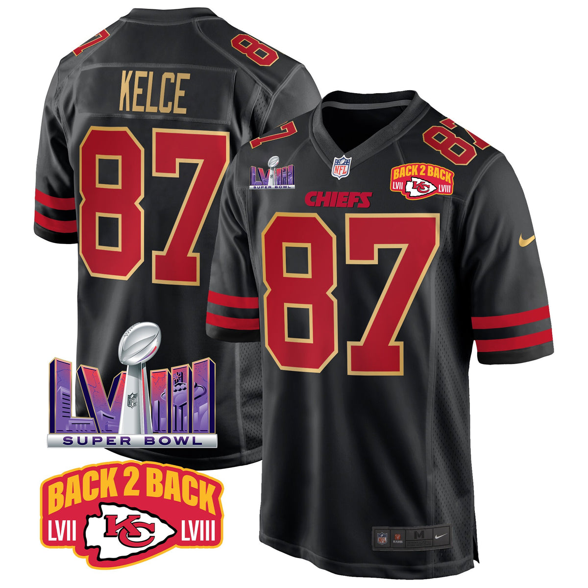 Men's Chiefs Super Bowl LVIII & Back 2 Back Patch Game Jersey - All Stitched - Gold Trim - Travis Kelce — view 1