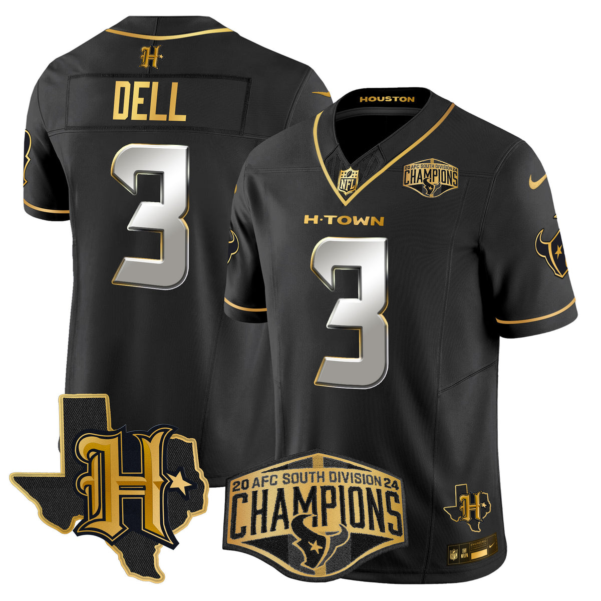 Men's Houston Texans 2024 AFC South Division Champions Patch Gold Vapor Limited Jersey - All Stitched - Black Limited - Tank Dell — view 1