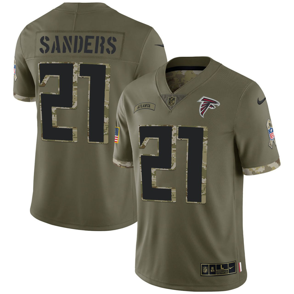 Deion Sanders Atlanta Falcons 2022 Salute To Service Jersey - All Stitched - Olive Green — view 1
