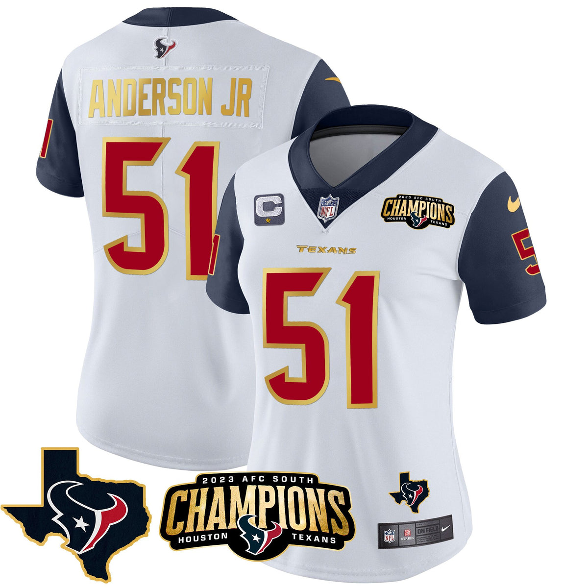 Women's Houston Texans 2023 AFC South Champions Patch Gold Trim Vapor Jersey - All Stitched - Navy Sleeves - Will Anderson Jr — view 1