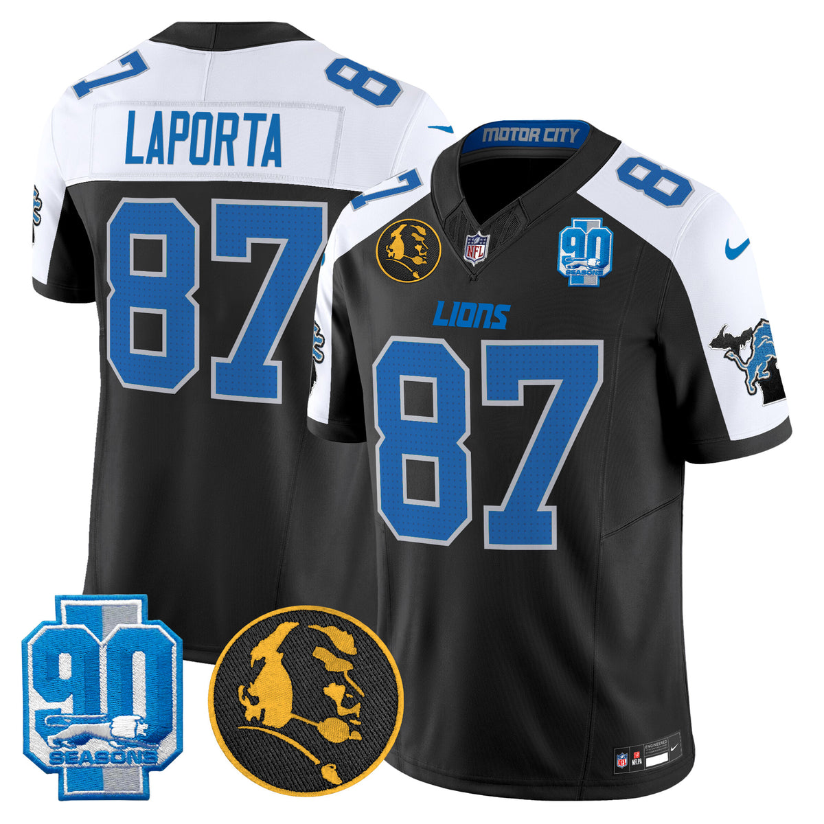 Men's Detroit Lions 2024 90th & John Madden Patch Vapor Limited Jersey - All Stitched - Alternate - Sam Laporta — view 1