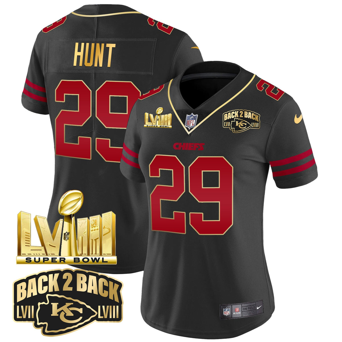 Women's Chiefs Super Bowl LVIII & Back 2 Back Gold Patch Vapor Jersey - All Stitched - Gold Trim - Kareem Hunt — view 1