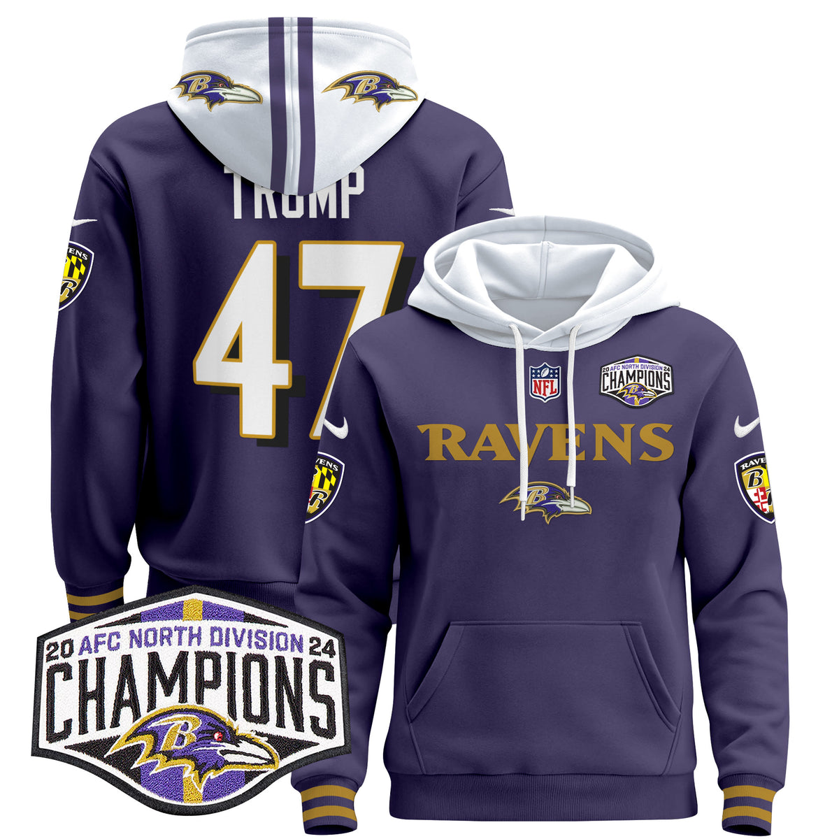 Men's Baltimore Ravens 2024 AFC North Division Champions Patch Pullover Hoodie - All Stitched - Purple - Donald Trump — view 1