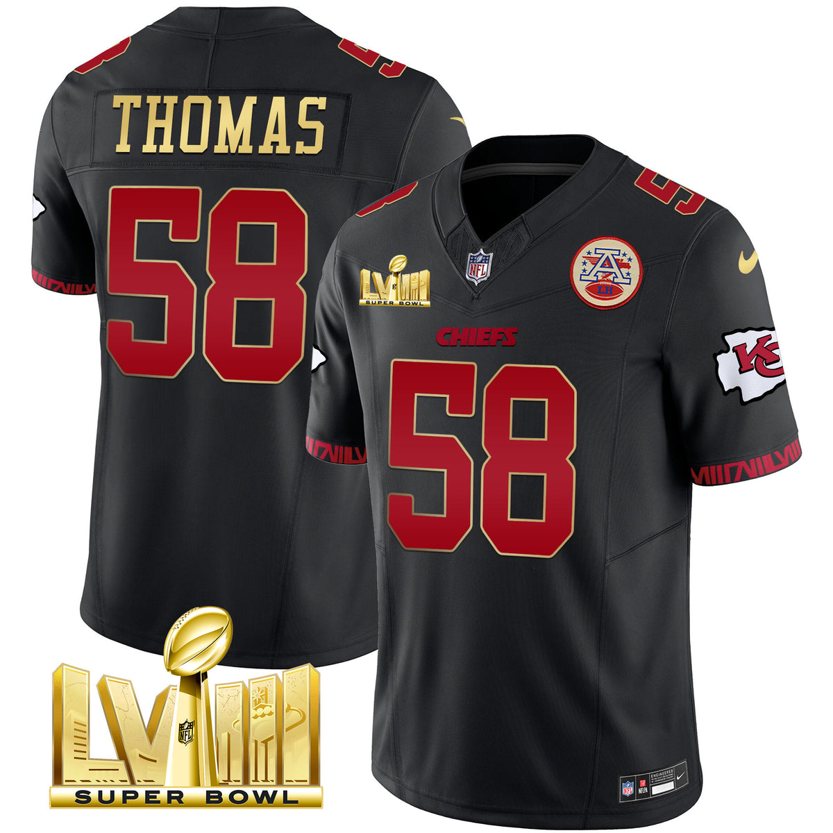 Men's Chiefs Super Bowl LVIII Pattern Gold Vapor Jersey V2 - All Stitched - Gold Trim - Derrick Thomas — view 1