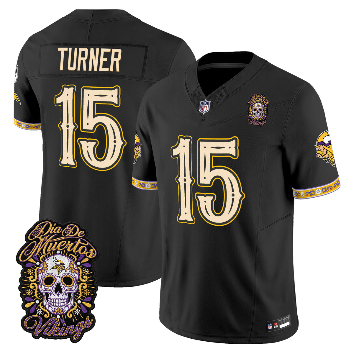 Men's Minnesota Vikings Día de los Muertos Vapor Limited Jersey - All Stitched - Black - Dallas Turner — view 1