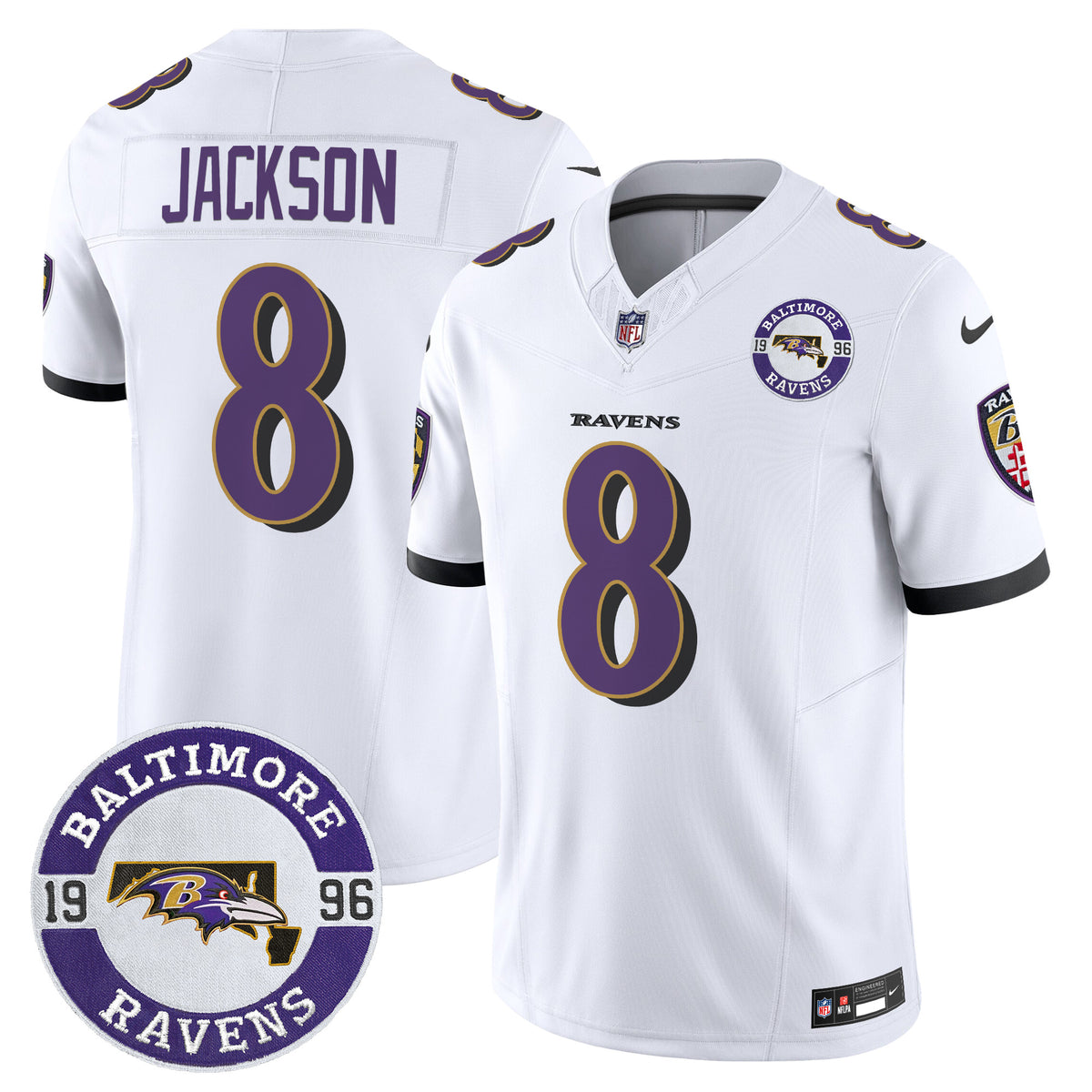 Men's Ravens 2024 Vapor Limited Jersey - Est. 1996 Patch - All Stitched - White - Lamar Jackson — view 1