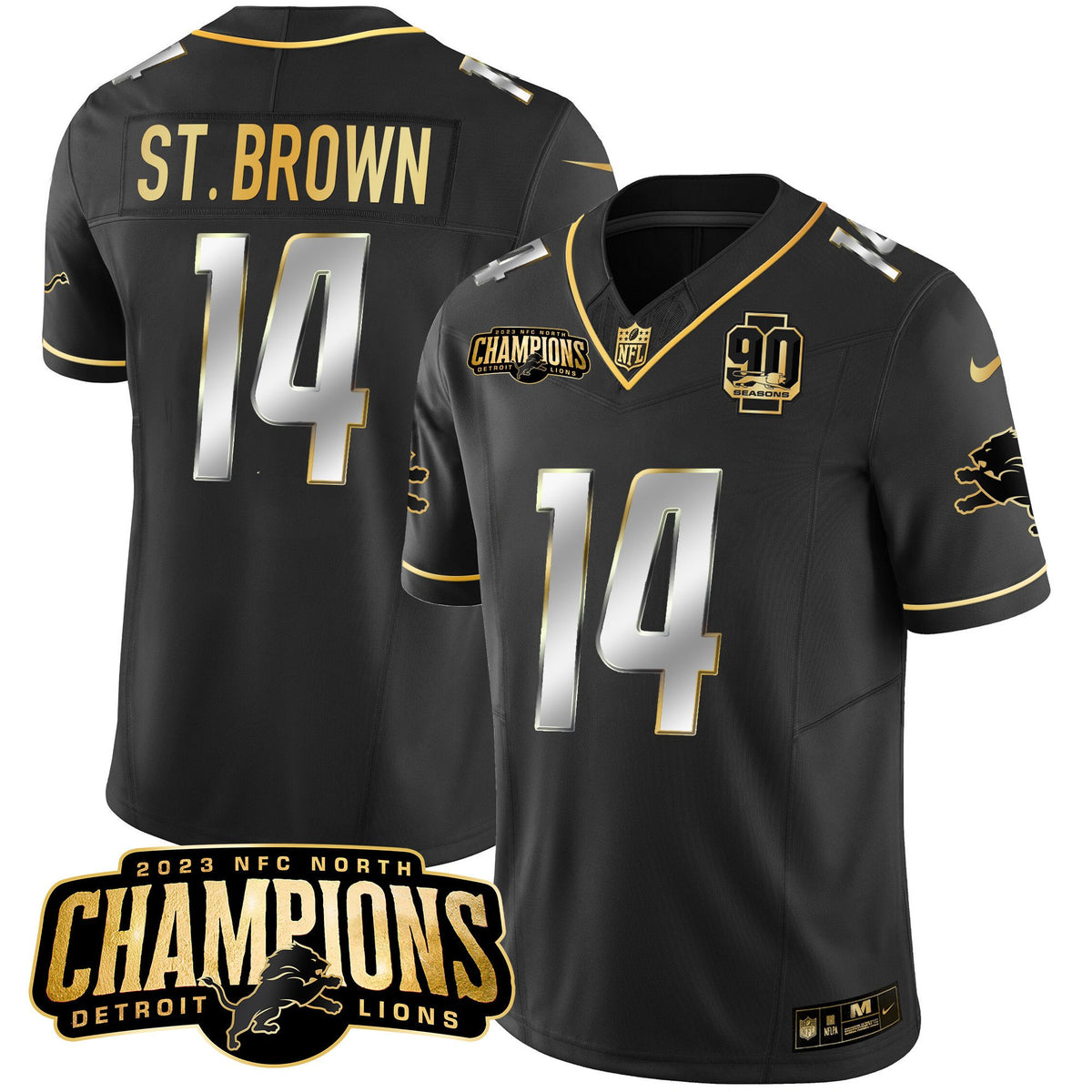 Men's Detroit Lions 2023 NFC North Champions Patch Gold Vapor Jersey V2 - All Stitched - Black Limited - St. Brown — view 1