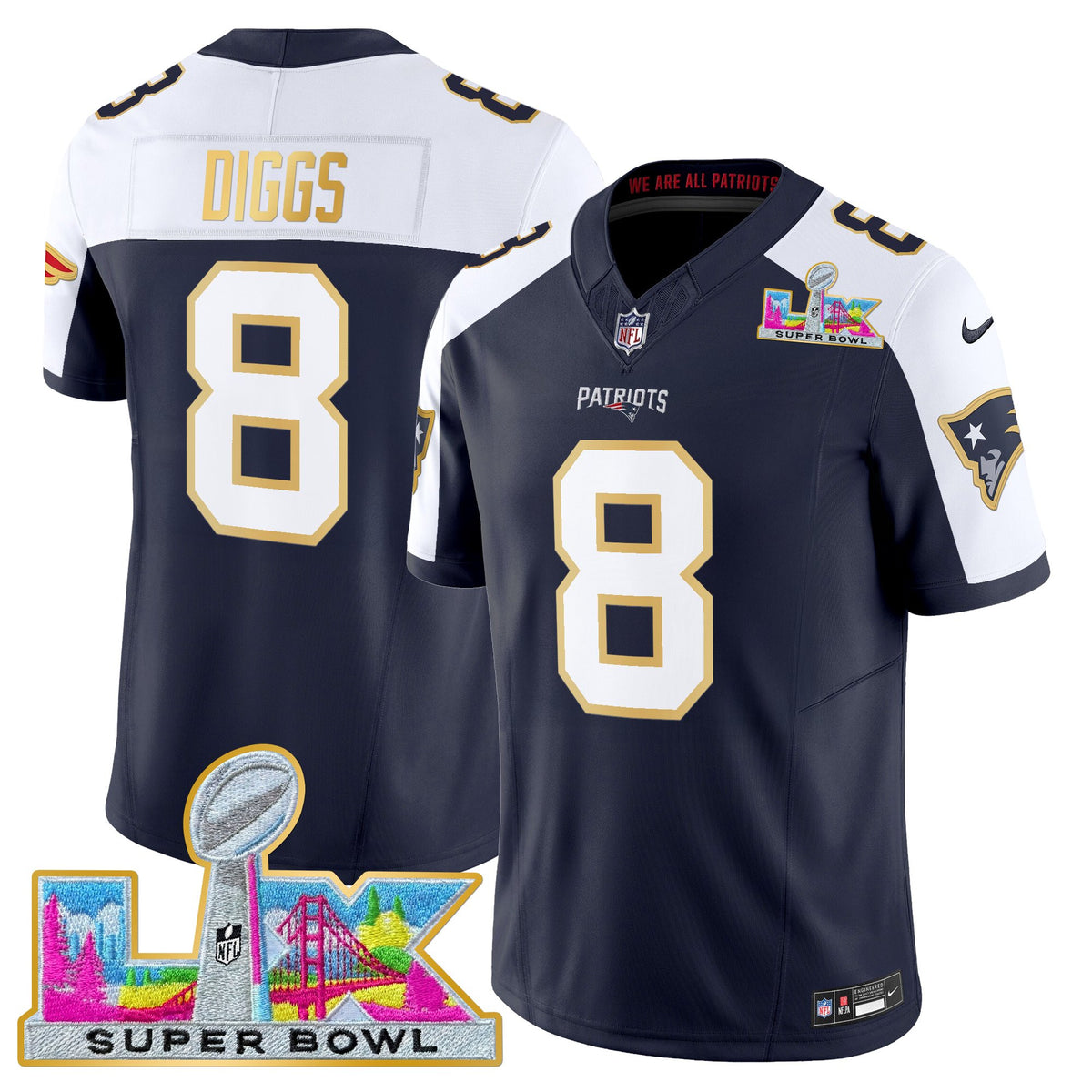 Men's New England Patriots Super Bowl LX Gold Trim Vapor Limited Jersey - All Stitched - Navy Alternate - Stefon Diggs — view 1