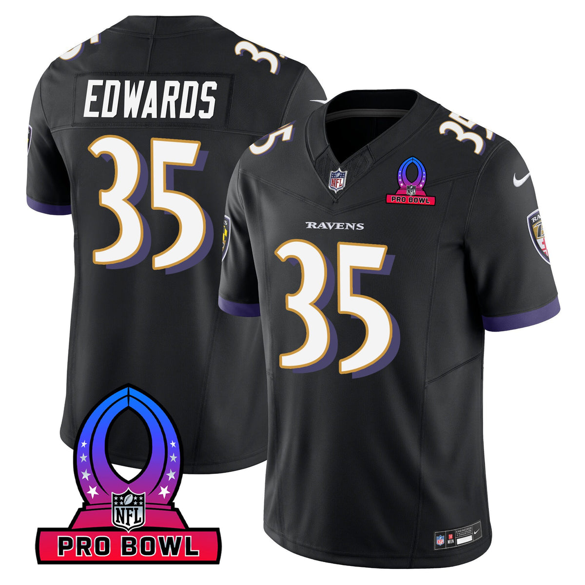 Men's Ravens 2024 Pro Bowl Patch Vapor Jersey - All Stitched - Black - Gus Edwards — view 1