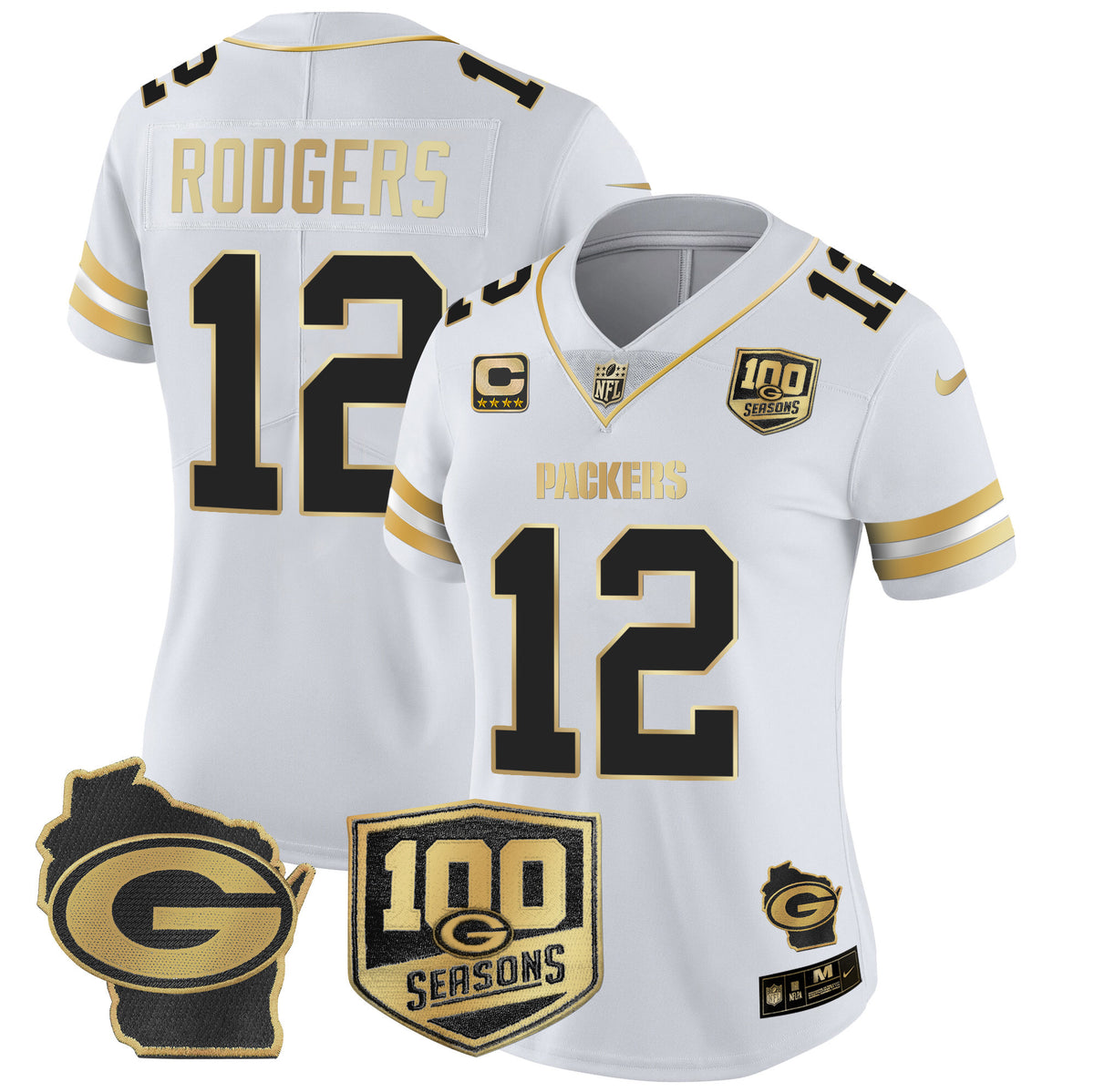 Women's Packers 100th Season & Home Patch Gold Vapor Limited Jersey – All Stitched - White Gold - Aaron Rodgers — view 1