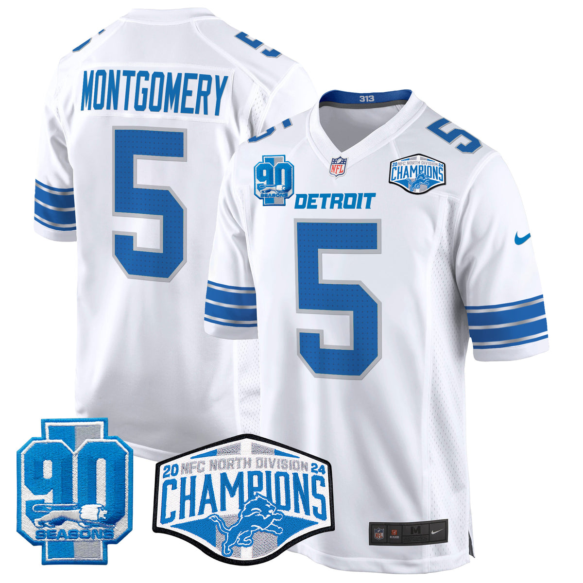 Men's Detroit Lions 2024 NFC North Division Champions Patch Game Jersey - All Stitched - White - David Montgomery — view 1