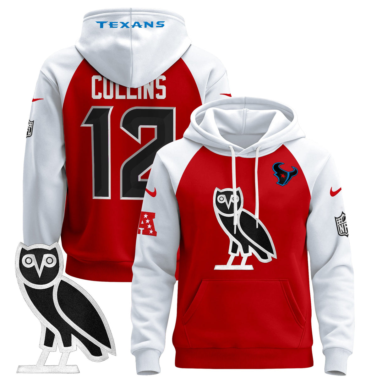 Men's Houston Texans OVO 2024 Pullover Hoodie - All Stitched - Red Alternate - Nico Collins — view 1