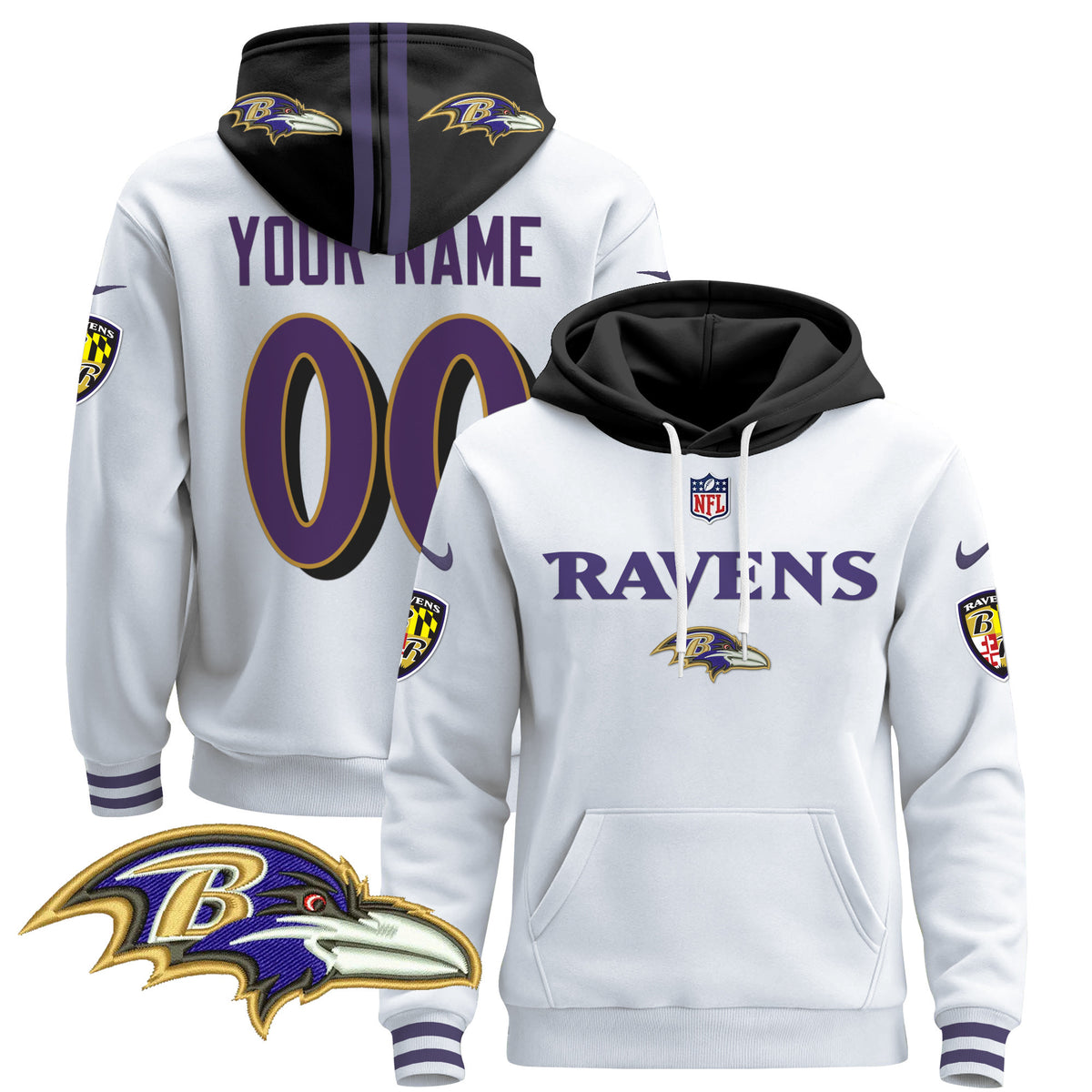 Baltimore Ravens 2024 Custom Pullover Hoodie V3 - All Stitched - White — view 1
