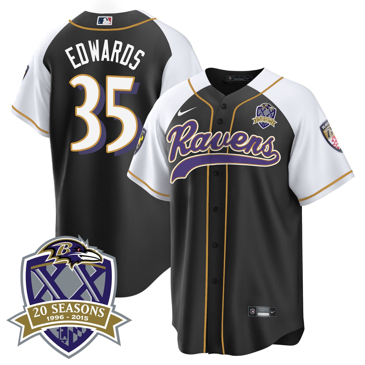 Men's Ravens 20th Season Patch Baseball Jersey - All Stitched - Black Alternate - Gus Edwards — view 1