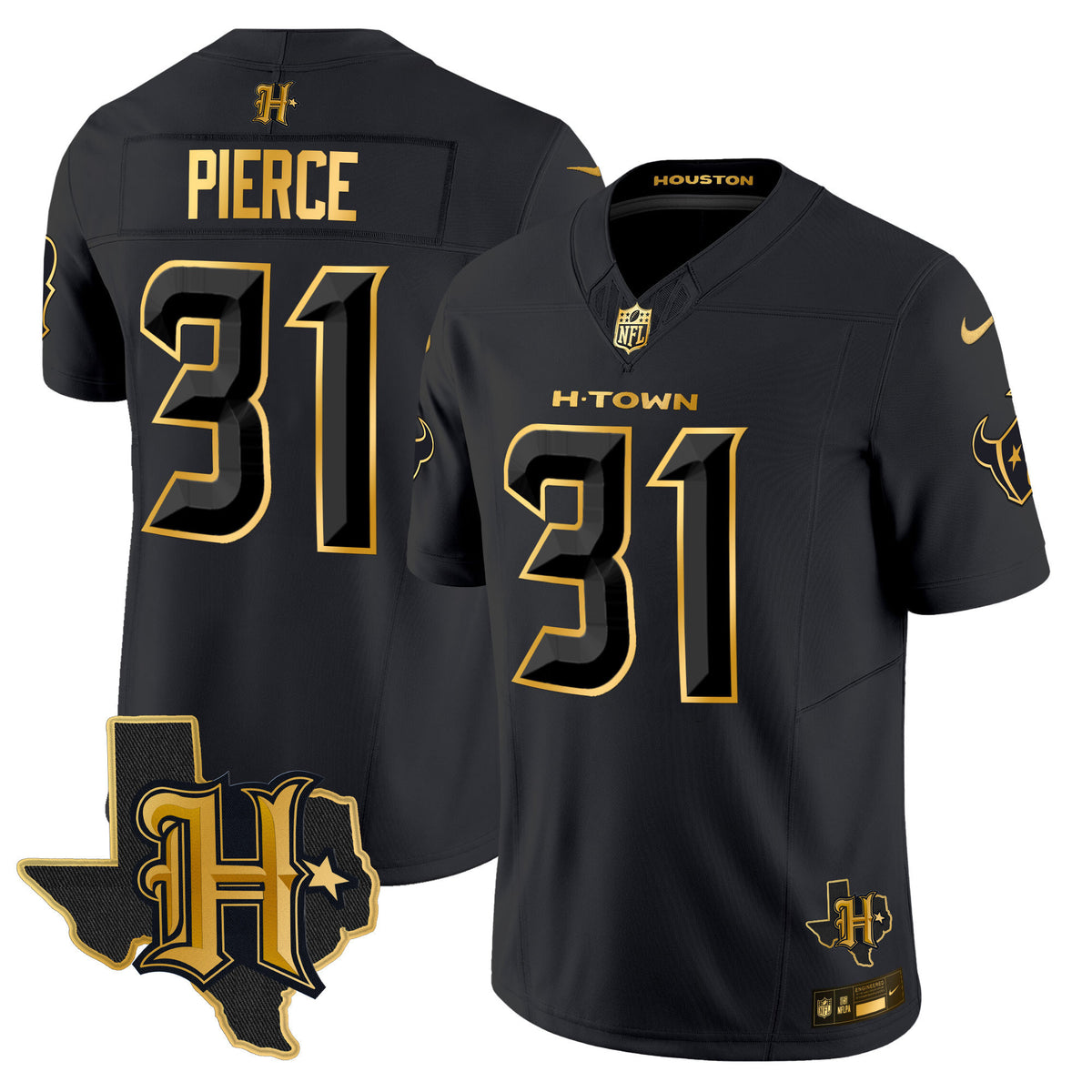 Men's Houston Texans 2024 Texas Patch Gold Vapor Limited Jersey - All Stitched - Black Gold - Dameon Pierce — view 1
