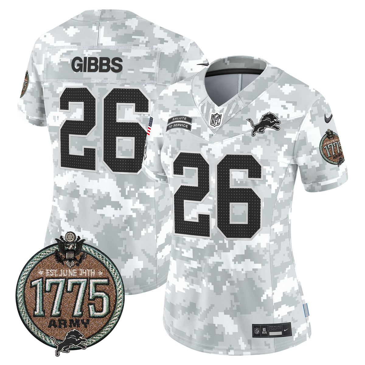 Women's Detroit Lions 2024 Salute to Service Establishment Year Patch Vapor Limited Jersey - All Stitched - Army - Jahmyr Gibbs — view 1