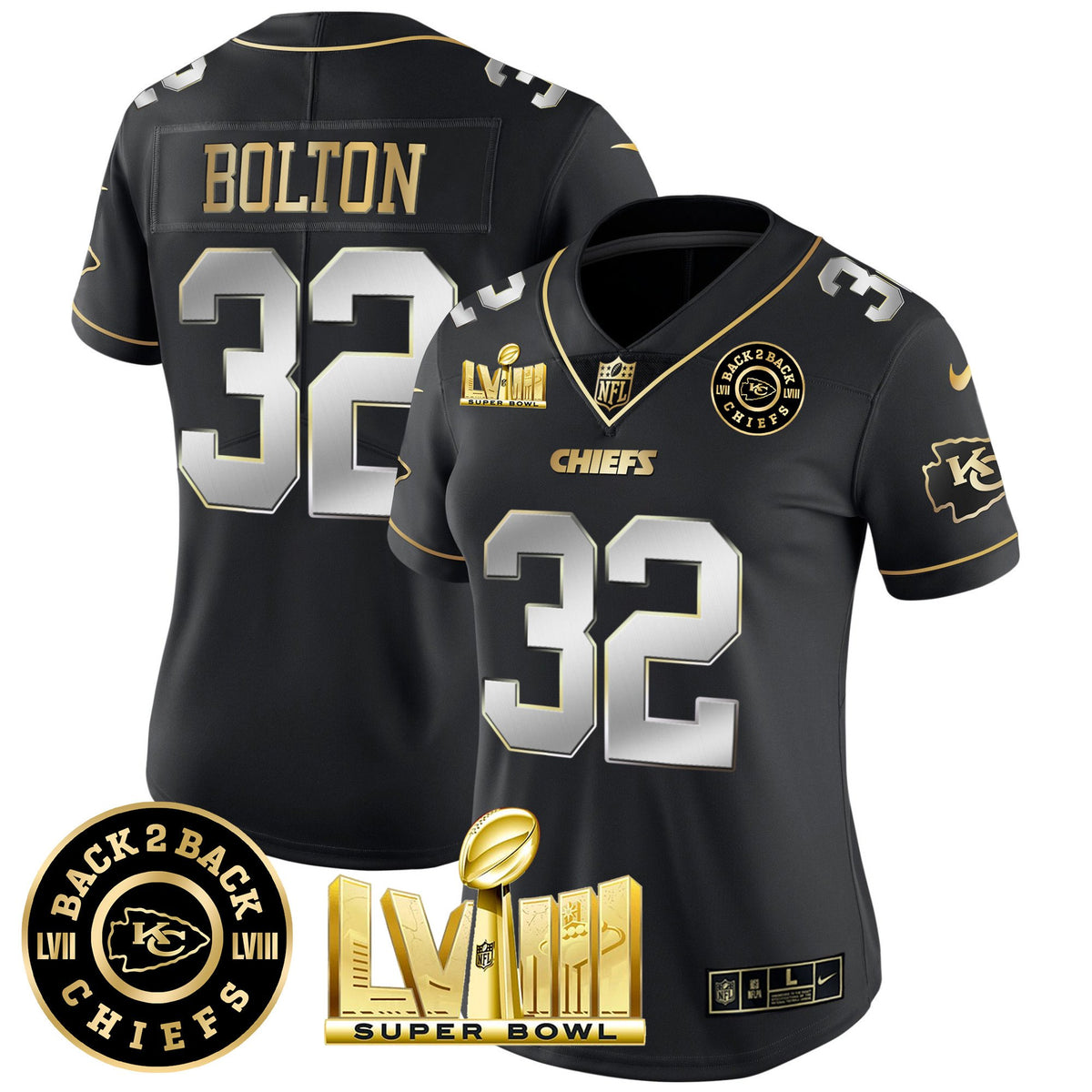 Women's Chiefs Super Bowl LVIII & Back 2 Back Patch Vapor Jersey V4 - All Stitched - Black Limited - Nick Bolton — view 1